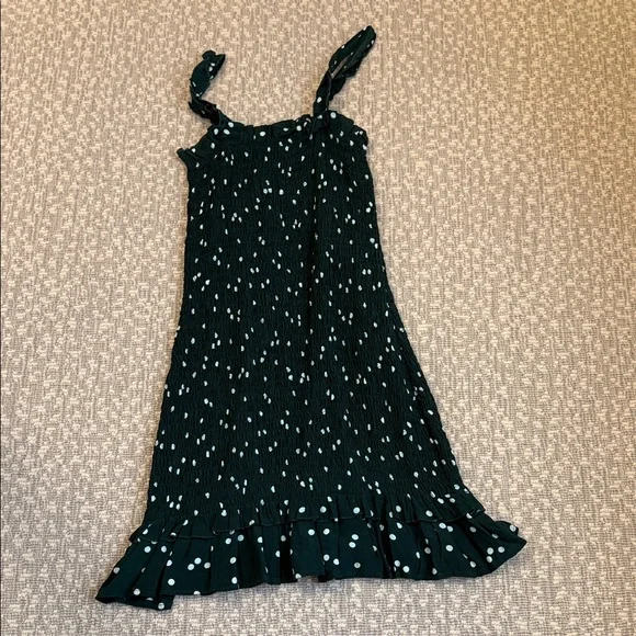 Faithfull The Brand Smocked Dark Green Polka Dot Ruffle Mini Dress, size 4 - Picture 5 of 6